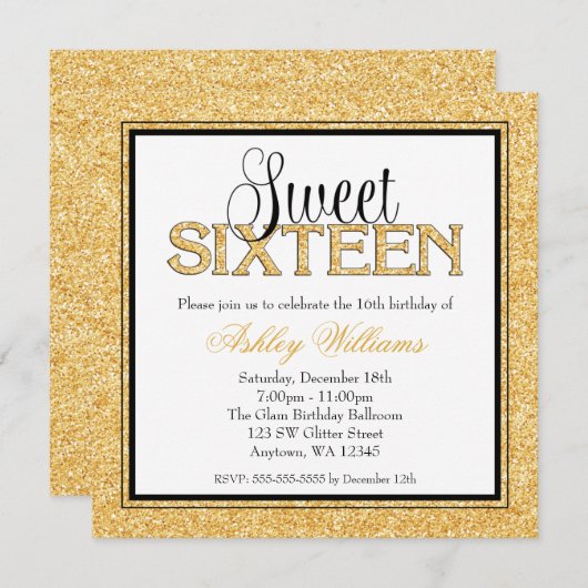 Invitation Glam Faux Parties scintillant Gold Black Sweet 16 (Devant / Derrière)