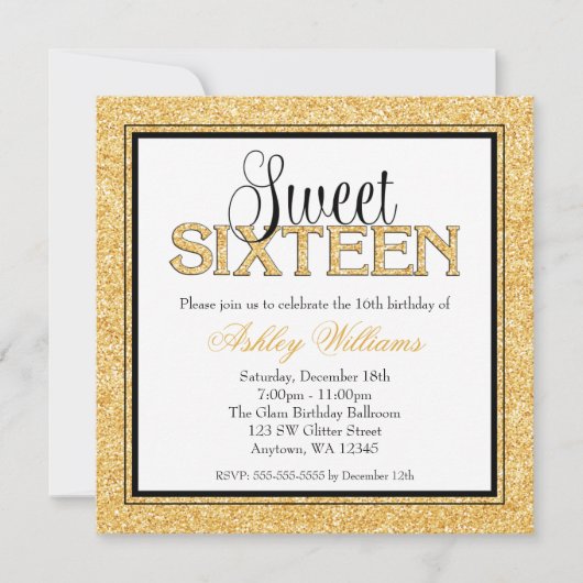 Invitation Glam Faux Parties scintillant Gold Black Sweet 16 (Devant)