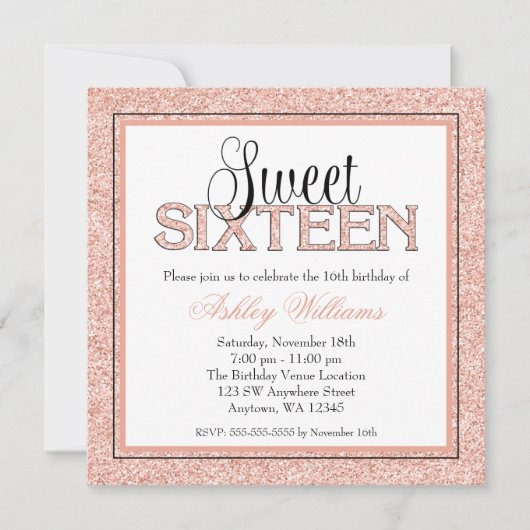 Invitation Glam Faux Parties scintillant Rose Gold Sweet 16 I (Devant)