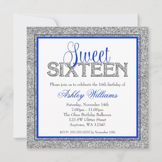 Invitation Glam Faux Parties scintillant Silver Blue Sweet 16 (Devant)