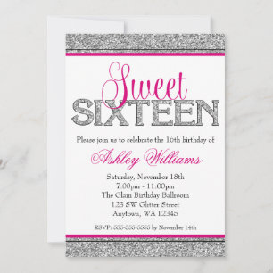 Invitation Glam Faux Parties scintillant Silver Hot Pink Swee