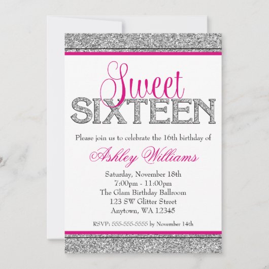 Invitation Glam Faux Parties scintillant Silver Hot Pink Swee (Devant)