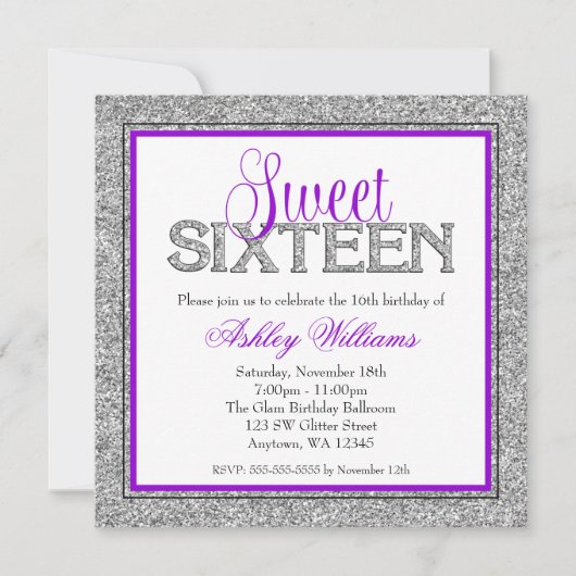 Invitation Glam Faux Parties scintillant Silver Purple Sweet  (Devant)