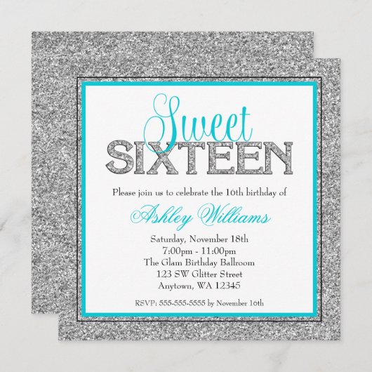 Invitation Glam Faux Parties scintillant Silver Turquoise Blu (Devant / Derrière)