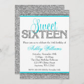 Invitation Glam Faux Parties scintillant Silver Turquoise Blu (Devant / Derrière)