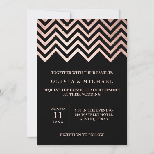 Invitation Glam Faux Rose Gold Chevron et Black Mariage (Devant)