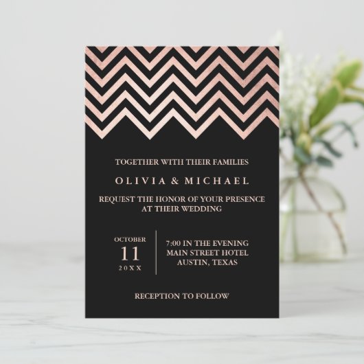 Invitation Glam Faux Rose Gold Chevron et Black Mariage (Debout devant)