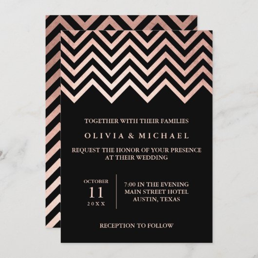Invitation Glam Faux Rose Gold Chevron et Black Mariage (Devant / Derrière)