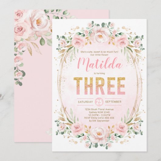 Invitation Glam féminin Blush Floral Pink Gold 3e anniversair (Devant / Derrière)