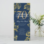 Invitation Glam Floral 70th Birthday Program Gold Navy Menu (Debout devant)