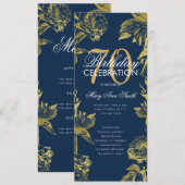 Invitation Glam Floral 70th Birthday Program Gold Navy Menu (Devant / Derrière)
