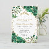 Invitation Glam Floral Emerald Green Gold QR Code Quinceañera (Debout devant)