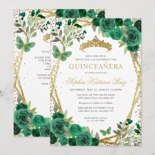 Invitation Glam Floral Emerald Green Gold QR Code Quinceañera (Devant / Derrière)