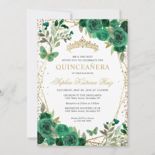 Invitation Glam Floral Emerald Green Gold QR Code Quinceañera