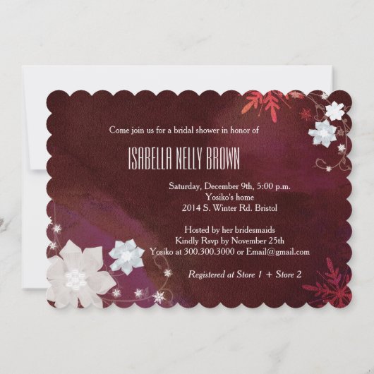Invitation Glam Floral Merlot Fête des mariées d'hiver (Dos)