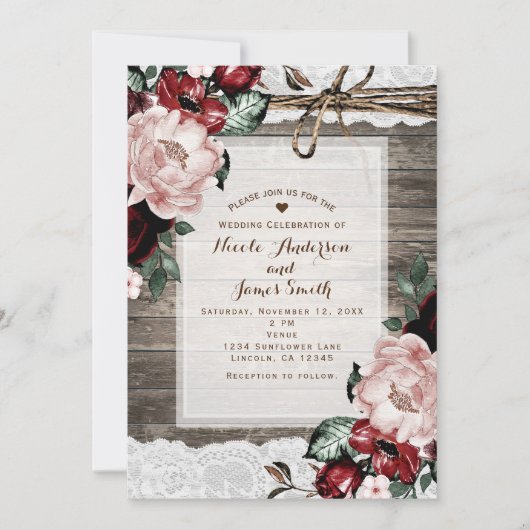Invitation Glam Floral Rustic Wood & Lace Barn Mariage (Devant)