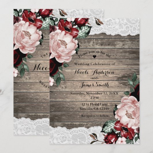 Invitation Glam Floral Rustique Bois dentelle Mariage campagn (Devant / Derrière)
