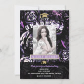 Invitation Glam Floral Violet Noir Partie de graduation (Devant)