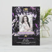 Invitation Glam Floral Violet Noir Partie de graduation (Debout devant)