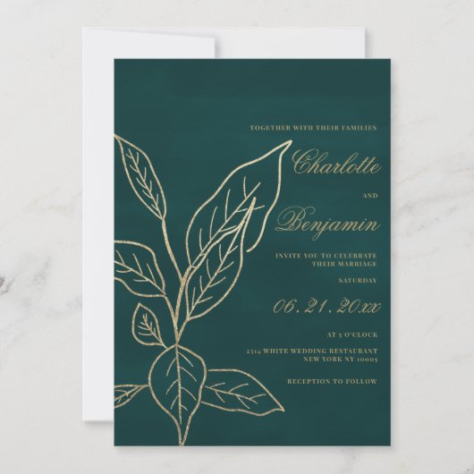 Invitation Glam forêt or vert parties scintillant feuille fle (Devant)