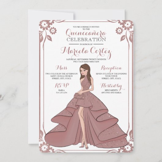 Invitation Glam Girl Rose Quinceañera (Devant)