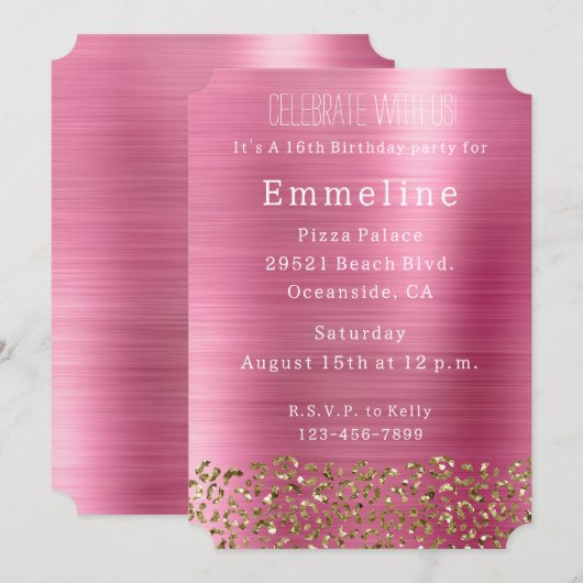 Invitation Glam Girly Pink Gold Leopard (Devant / Derrière)