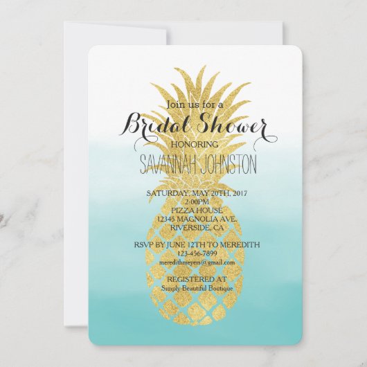 Invitation Glam Gold Ananas Aqua Aquarelle douche nuptiale (Devant)