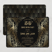 Invitation Glam Gold Art déco Peacocks 50e fête d'anniversair (Devant / Derrière)