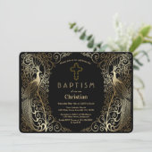 Invitation Glam Gold Art Déco Peacocks Baptême (Debout devant)