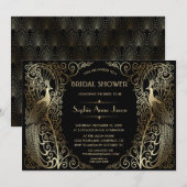 Invitation Glam Gold Art Deco Peacocks Fête des mariées (Devant / Derrière)