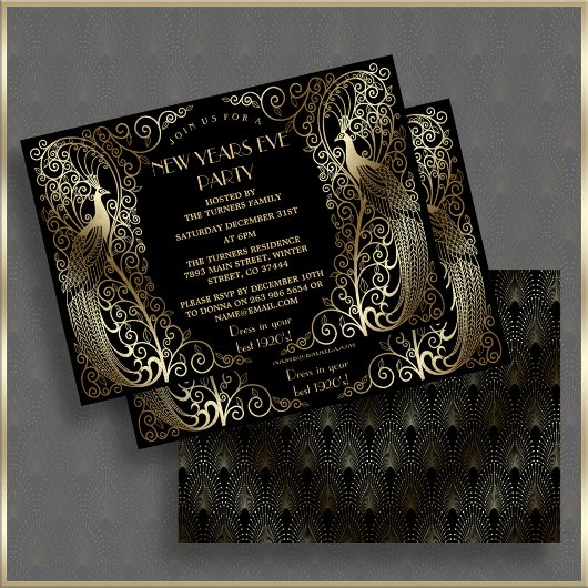 Invitation Glam Gold Art Déco Peacocks Nouvel An