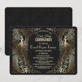 Invitation Glam Gold Art Déco Peacocks Première communion sai (Devant / Derrière)