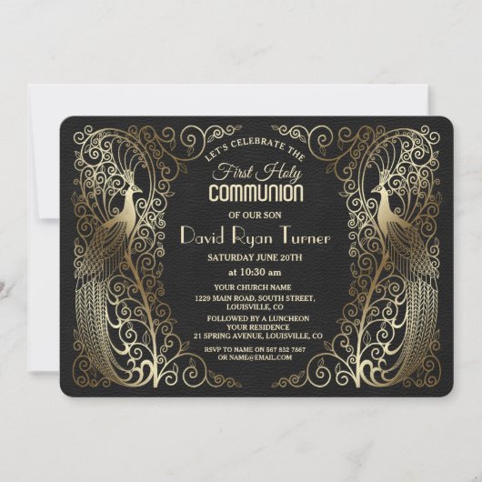 Invitation Glam Gold Art Déco Peacocks Première communion sai (Devant)
