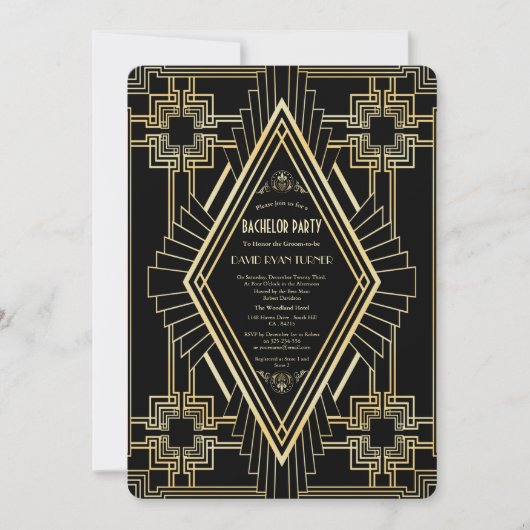 Invitation Glam Gold Black Gatsby Enterrement de Vie de Garço (Devant)