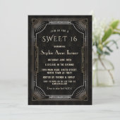 Invitation Glam Gold Black Great Gatsby Art Déco 20s SWEET 16 (Debout devant)