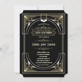 Invitation Glam Gold Black Great Gatsby Art Déco 50 Anniversa