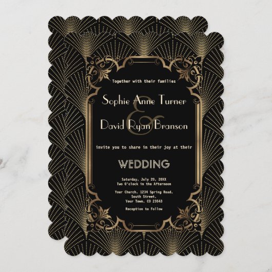 Invitation Glam Gold Black Great Gatsby Art Déco Mariage (Devant / Derrière)