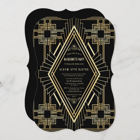 Invitation Glam Gold Black Great Gatsby Bachelorette Party (Devant / Derrière)