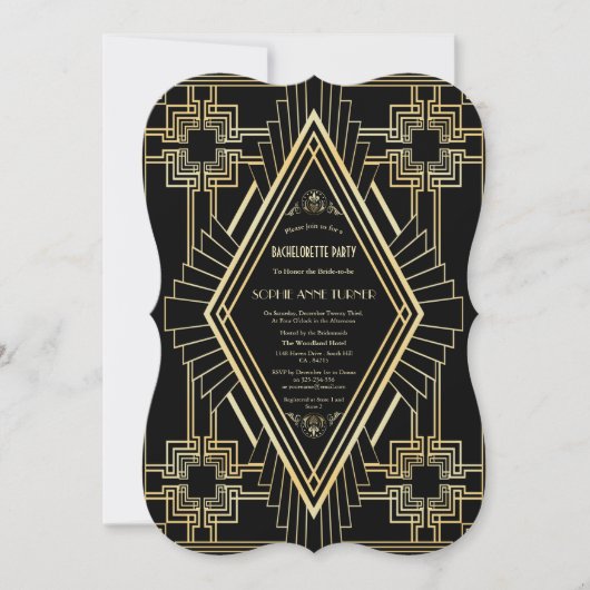 Invitation Glam Gold Black Great Gatsby Bachelorette Party (Devant)