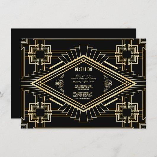 Invitation Glam Gold Black Great Gatsby Réception de mariage (Devant / Derrière)
