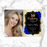 Invitation Glam Gold Black Royal Blue 50th Photo Anniversaire<br><div class="desc">Elégante invitation au 50e anniversaire fleurie féminine avec votre photo. Design de glam avec faux or. Comprend des roses bleus royaux, des caractères de script et des confettis. Parfait pour une fête anniversaire adulte élégante. Personnalisez avec vos propres détails. Peut être customisé pour n'importe quel âge ! Invitations Zazzle imprimées...</div>