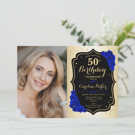 Invitation Glam Gold Black Royal Blue 50th Photo Anniversaire (Debout devant)