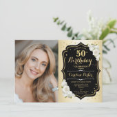 Invitation Glam Gold Black White 50e photo Anniversaire (Debout devant)