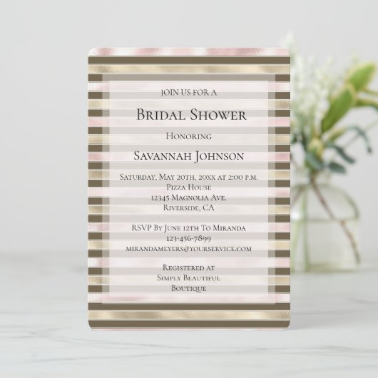 Invitation Glam Gold Blush Pink Brown Stripes Fête des mariée (Debout devant)