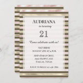 Invitation Glam Gold Blush rose Brown rayures Anniversaire (Devant / Derrière)
