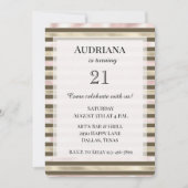 Invitation Glam Gold Blush rose Brown rayures Anniversaire (Devant)