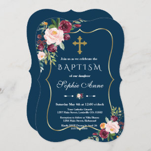 Invitation Glam Gold Burgundy Blush Floral Navy Baptême bleu