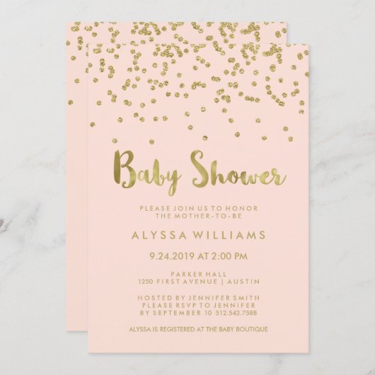 Invitation Glam Gold Confetti Baby shower sur Blush Pink (Devant / Derrière)