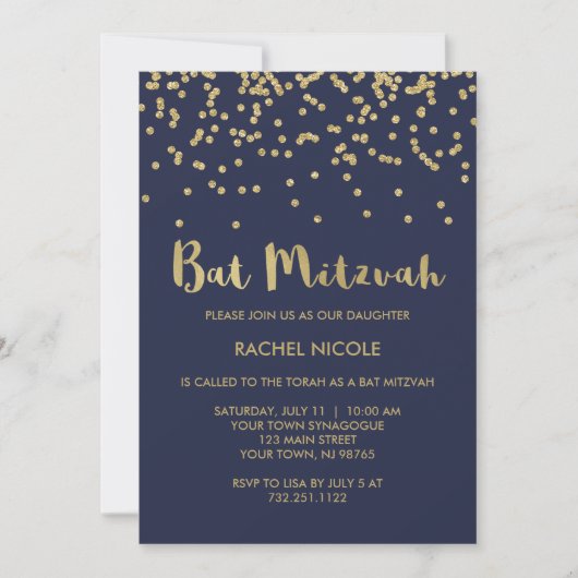 Invitation Glam Gold Confetti Bat mitzvah sur Midnight Blue (Devant)