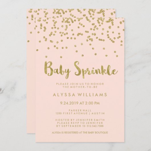 Invitation Glam Gold Confetti Bébé saupoudrer sur rose pâle (Devant / Derrière)